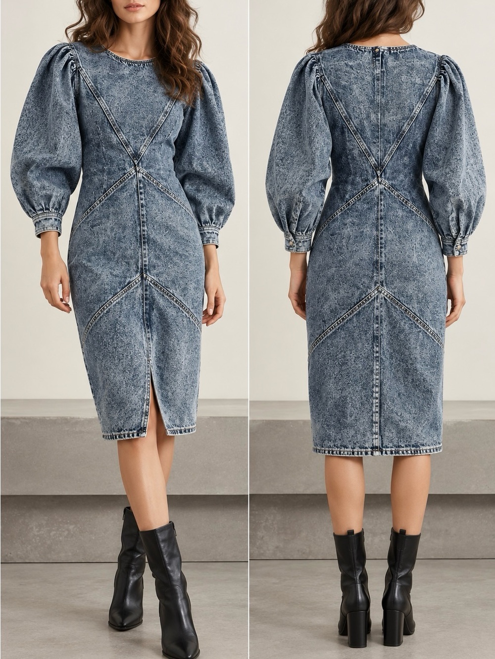 ISABEL MARANT ETOILE Acid Wash Denim Puff Sleeve Midi Dress